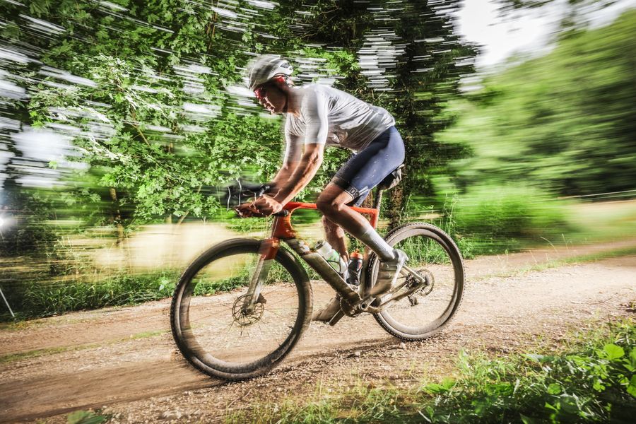 Noric racing a gravel trail at speed